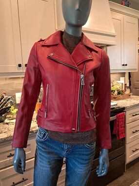 BCBGeneration Red Leather Asymmetrical Moto Jacket
